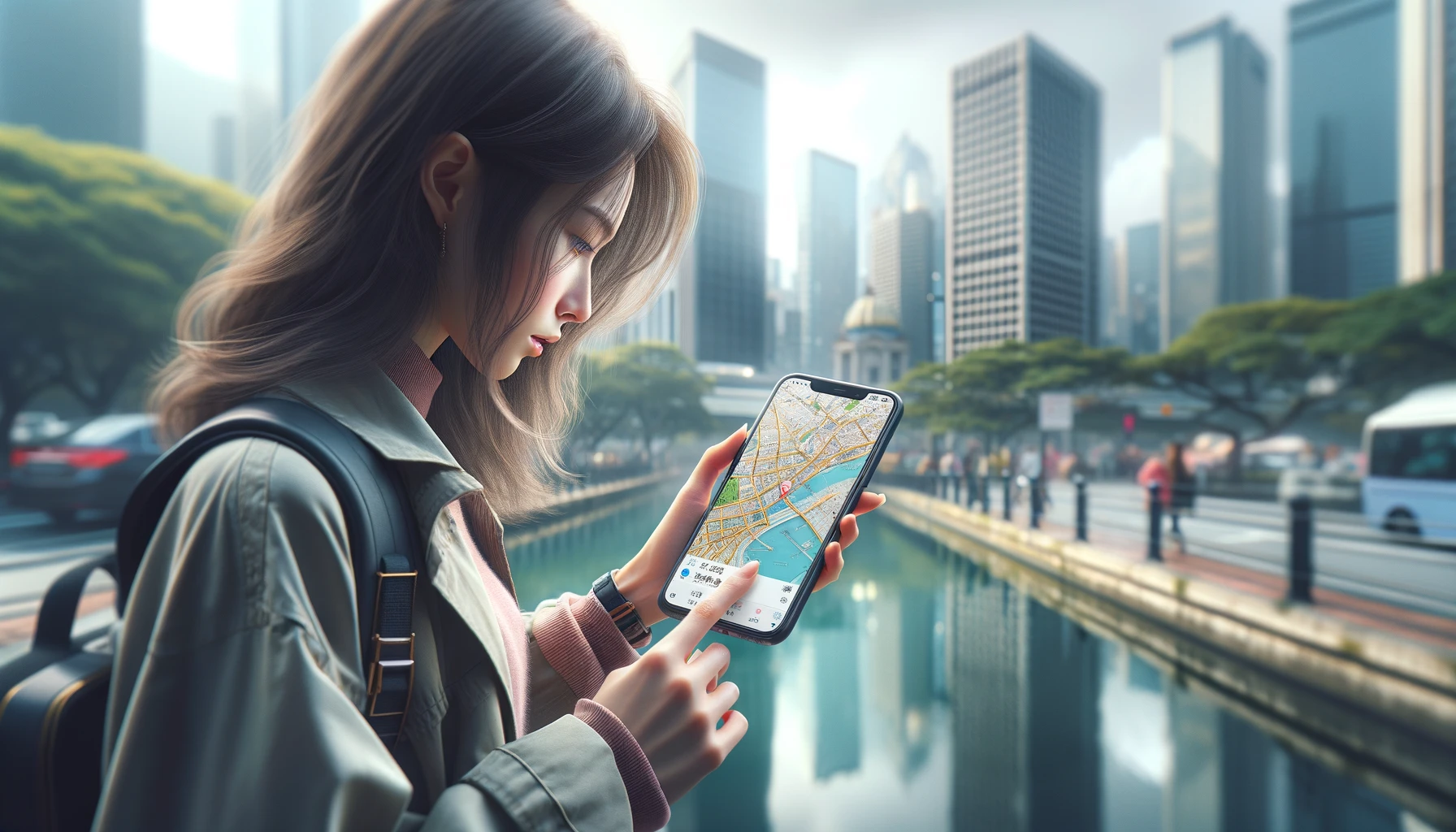 a girl is intently looking at phone location app displayed on her smartphone